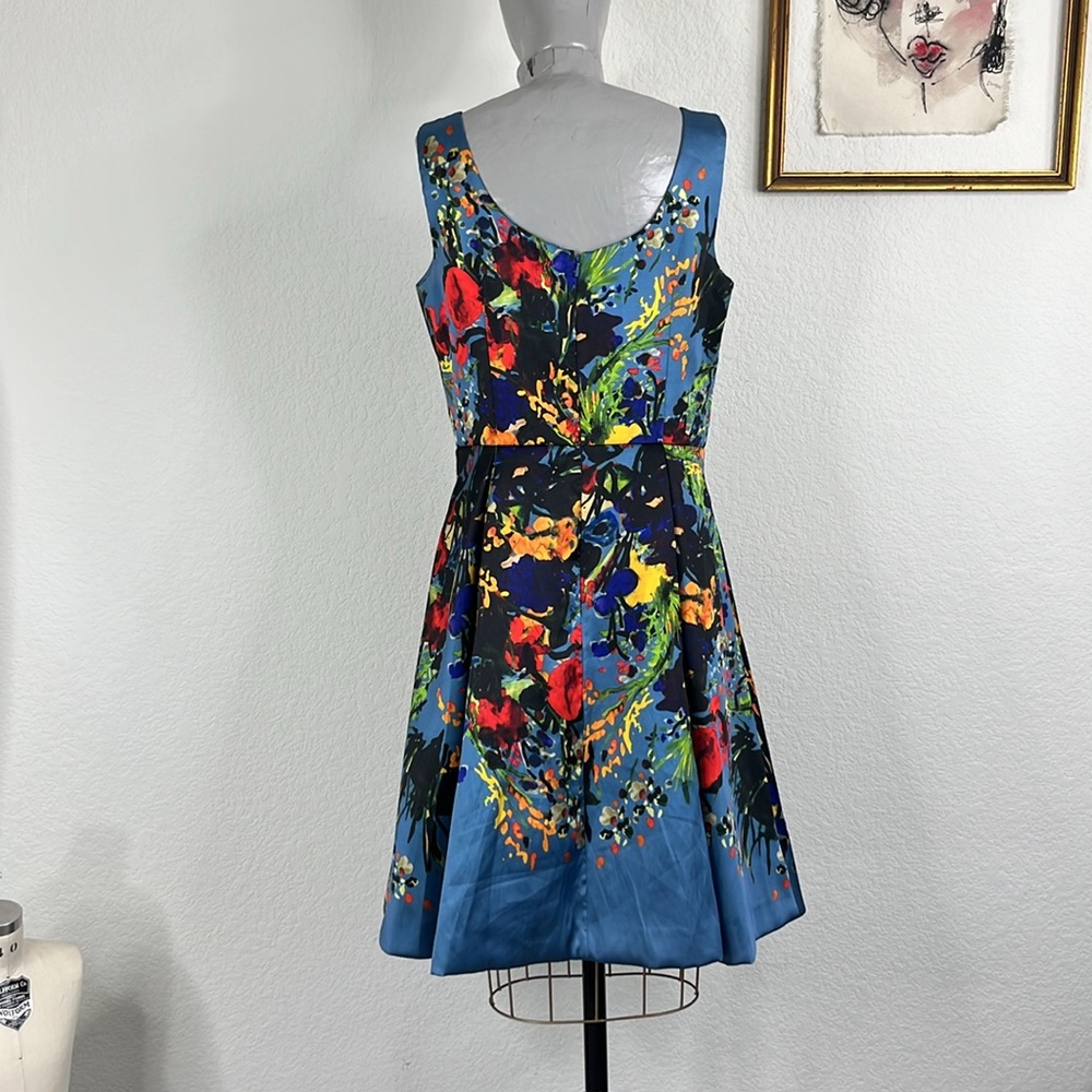 David Meister Blue Floral Fit Flare Sleeveless Scoop Neck Party Dress - Picture 6 of 11